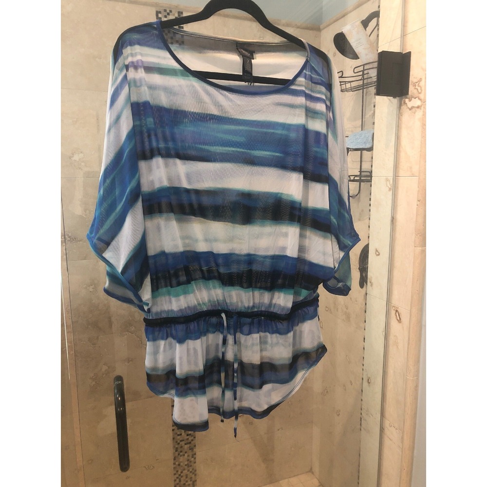 Chico's Travelers Sheer Blue Green Striped Peplum Blouse Top Size 2